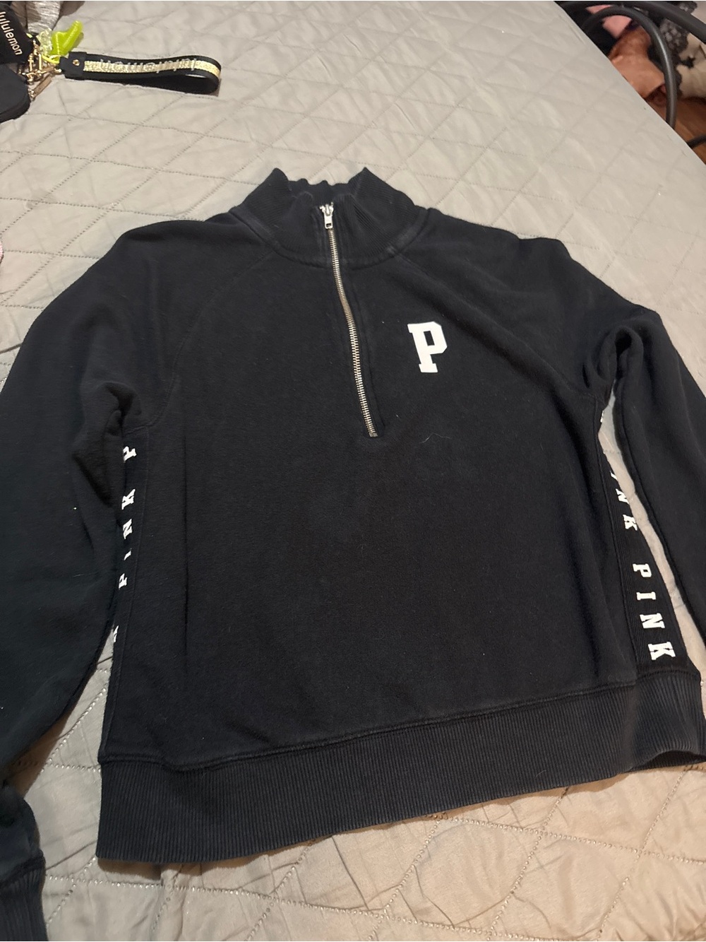 PINK Victoria's Secret Black Half-Zip Sweater with White 'P'